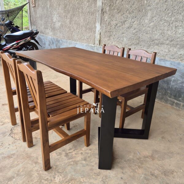 Set Meja Makan Kayu Jati Kaki Besi Modern 4 Kursi