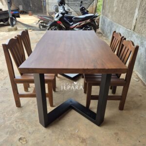 Set Meja Makan Kayu Jati Kaki Besi Modern 4 Kursi