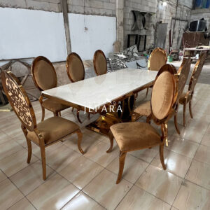 Set Meja Makan Luxury Modern Gold – Elegance Dining Table & Chairs Jepara