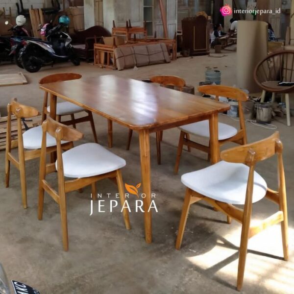 Meja Makan Minimalis Kaki Retro 6 Kursi Bahan Kayu Jati