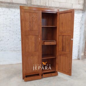 Lemari Pakaian 2 Pintu Mininalis Ukiran Motif Kayu Jati