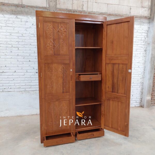 Lemari Pakaian 2 Pintu Mininalis Ukiran Motif Kayu Jati