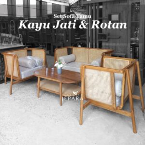 BIDENI Sofa Kursi Tamu Kayu Jati Kombinasi Rotan Alami