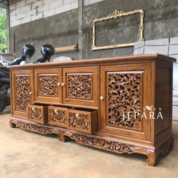 Bufet Tv 3 Laci Motif Ukiran Palembang Bahan Kayu Jati - Image 2