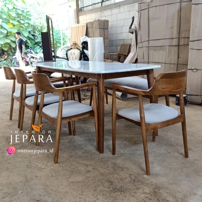 Meja Makan Kayu Jati Minimalis Top Marmer 6 Kursi Modern