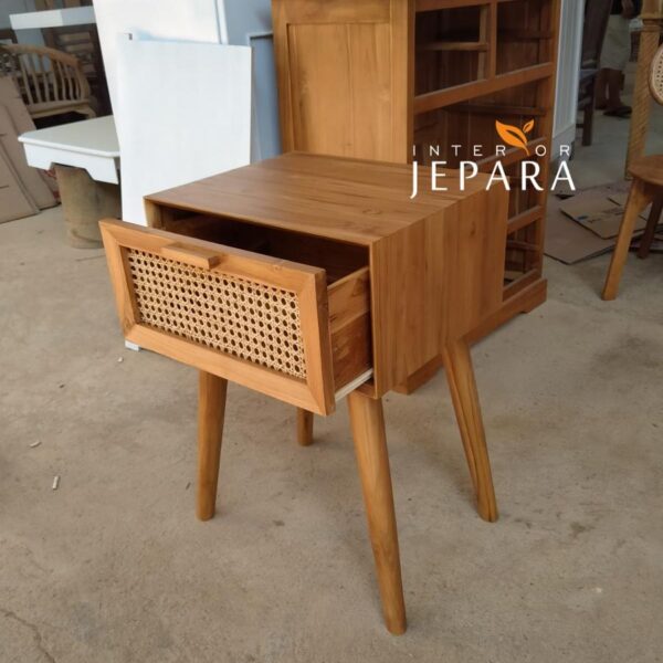 Bedside Table Minimalis Rotan dan Kayu Jati Interior Jepara
