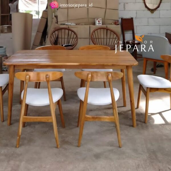 Meja Makan Minimalis Kaki Retro 6 Kursi Bahan Kayu Jati